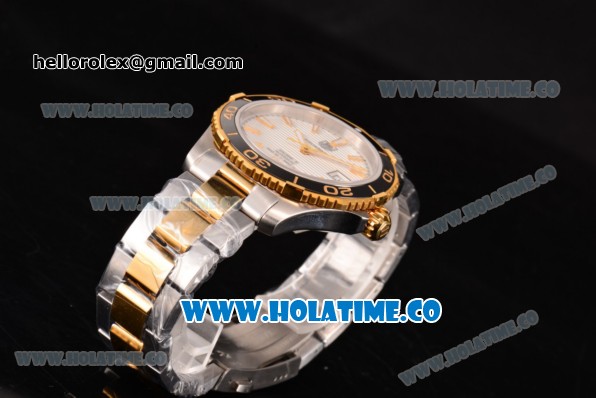 Tag Heuer Aquaracer Calibre 5 Swiss ETA 2824 Automatic Two Tone with Black Bezel White Dial and Stick Markers - Click Image to Close